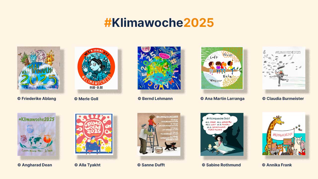 Zehn kleine Bilder, auf denen aufgerufen wird, sich an der Challenge zur Klimawoche2025 zu beteiligen